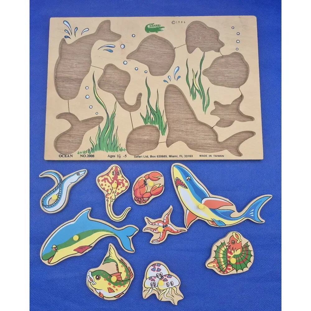 Vintage Ocean Creatures Wood Peg Puzzle Ages 1.5-5 Years Safari Ltd